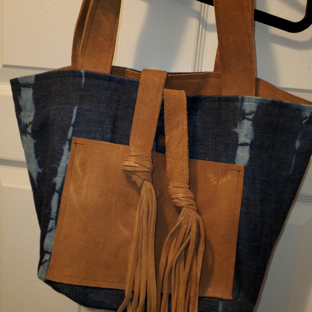 Denim and leather handbag